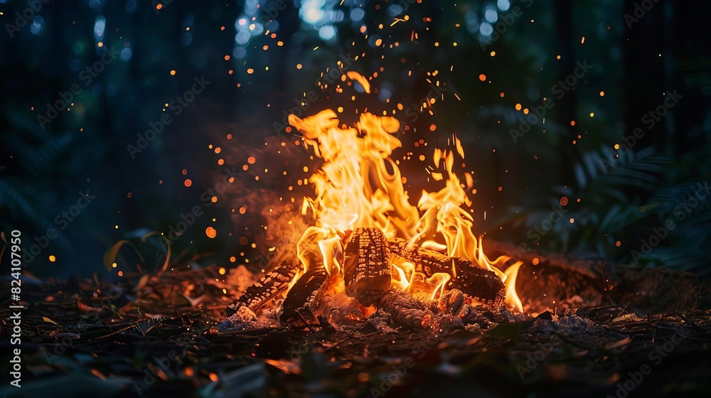 Describe the process of early humans learning to control fire, creating a campfire in a clearing surrounded by dense forest, Close up Describe the process of early humans learning to control fire, creating a campfire in a clearing surrounded by dense forest, Close up