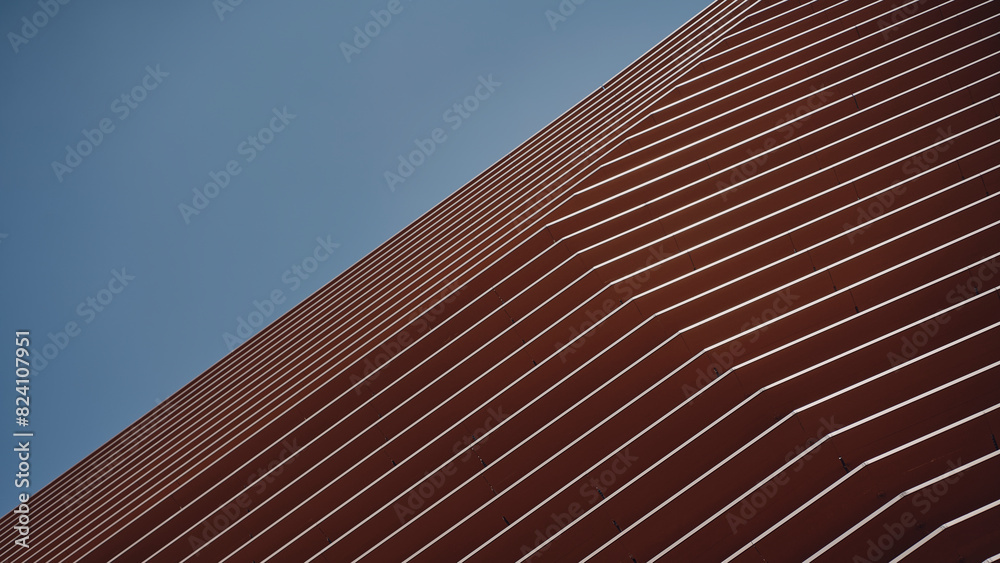 Fachada en tonos naranja y tierra en ciudad contemporánea con cielo, y formas geométricas Fachada en tonos naranja y tierra en ciudad contemporánea con cielo, y formas geométricas