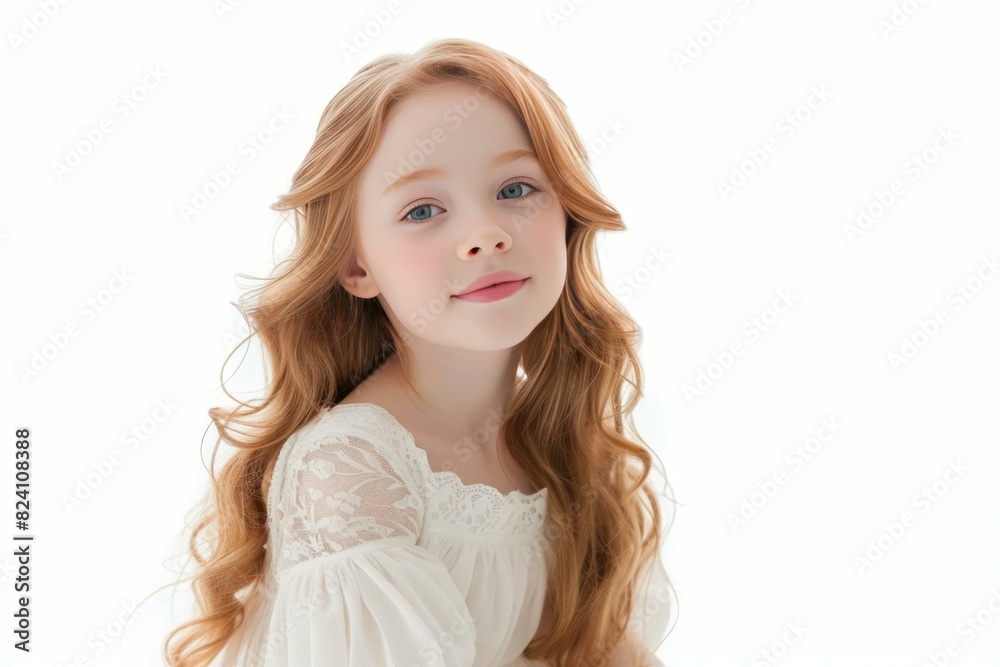 Charming Beautiful curly hair girl in dress isolated on white background. Fashion studio photo shot. Generate Ai Charming Beautiful curly hair girl in dress isolated on white background. Fashion studio photo shot. Generate Ai