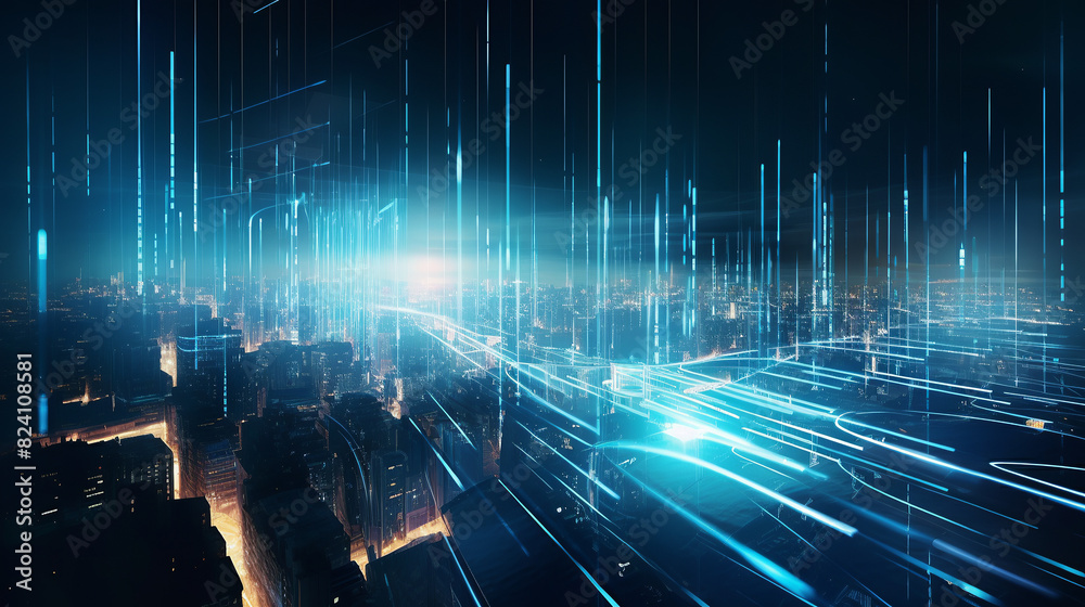 Drawing of a futuristic cityscape, Color dots, glowing blue background with light rays. The image is in the style of light rays and glowing blue background, abstract composition, high-tech metropolis 