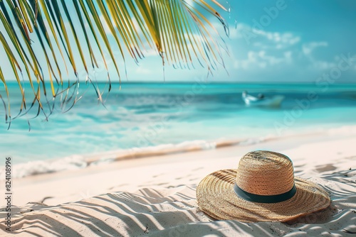 Sunglasses and a straw hat on a tropical sandy beach by the sea. T