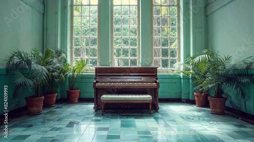  interior con ventanas y un piano vertical decorado con plantas photo