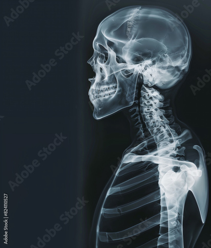 Full-Body X-Ray Image of Human Skeleton on Black Background, Detailed Radiograph for Medical Study, Anatomy Education, 4K Wallpaper, Medical Poster