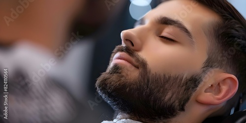 Man receiving haircut and beard shave at barber shop for professional look. Concept Barber Shop, Grooming, Haircut, Beard Shave, Professional Look