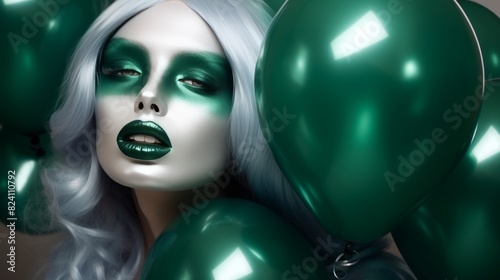 bright smiling lips with green lipstick on a background of silver and green balloons in the shape of smiling emoticons  gifts  falling sparkles   3 latex   3 --ar 16 9 --quality 0.5 --stylize 0 --v 5