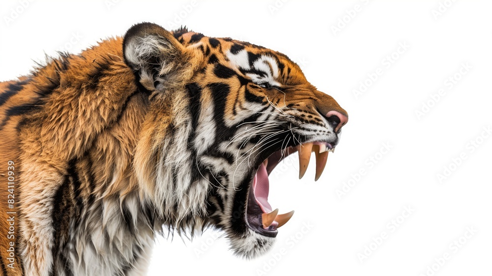 Obraz premium Profile view of a tiger baring its teeth and growling