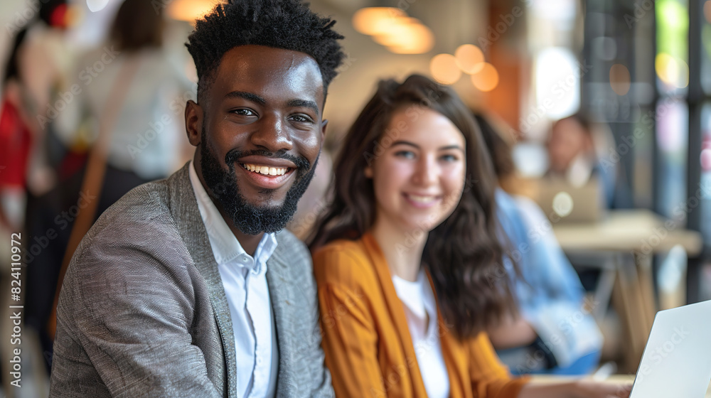 A multiethnic couple of colleagues is smiling while working in front of a laptop.