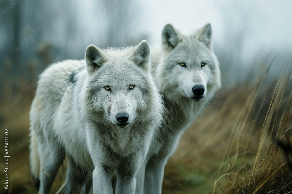 Two grey wolves stand alert in a foggy, natural habitat, exuding wild beauty