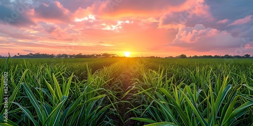 Colorful sugarcane field at sunset vital for food industry sustainability. Concept Agricultural Sustainability  Sunset Photography  Food Industry  Colorful Plants  Sugarcane Harvest