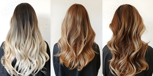 Before and after photos of womans hair transformation with colored ombre. Concept Hair transformation, Ombre effect, Before and after, DIY hair coloring, Blonde to colorful strands