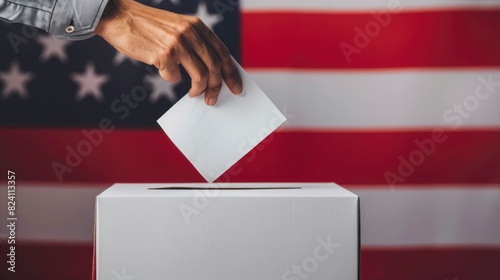 person with voting paper with the USA flag background in high resolution