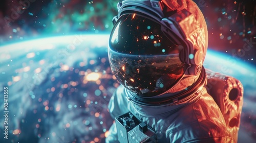 The picture of the astronaut flying in the space with the earth background, the spaceman must wear the space suit to protect the human body from the radiation, extreme temperature and pressure. AIG43. photo