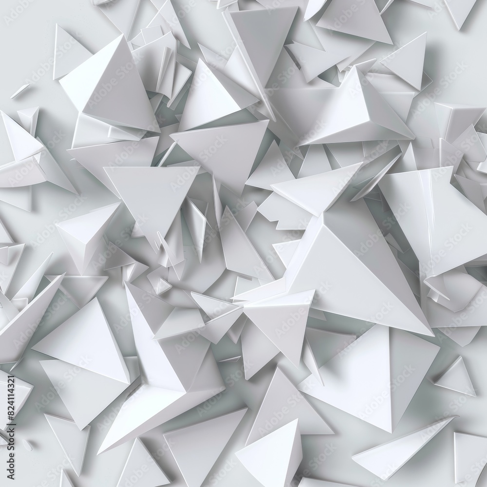 Abstract concept of purity and simplicity: white backdrop with intricate geometric shapes in 3D Abstract concept of purity and simplicity: white backdrop with intricate geometric shapes in 3D