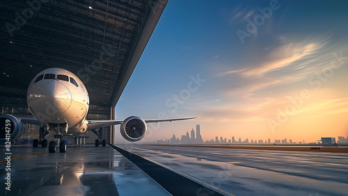 A large airplane is parked inside a hangar at an airport at sunset