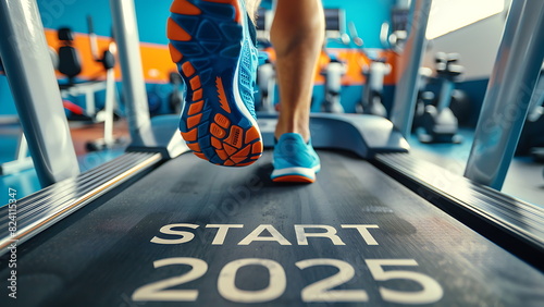 close up feet sportsman running on treadmill with START 2025 text on it. new year 2025 concept photo