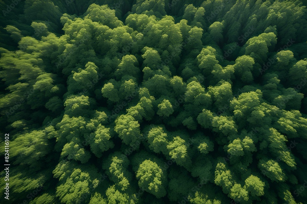 Expansive aerial view of dense lush green forest, natural canopy ...