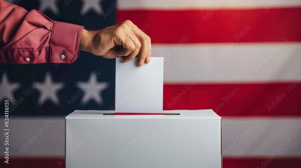 person holding a voting paper putting it in the box with the USA flag background in high resolution and high quality. concept vote,jury