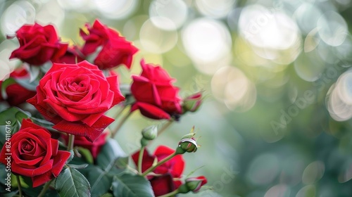 Red roses wedding bouquet with rings in nature with blurry background