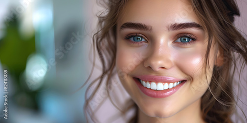 Beautiful young woman female smiling showing perfect white teeth. Dental stomatology whitening and treatment advertisement concept.