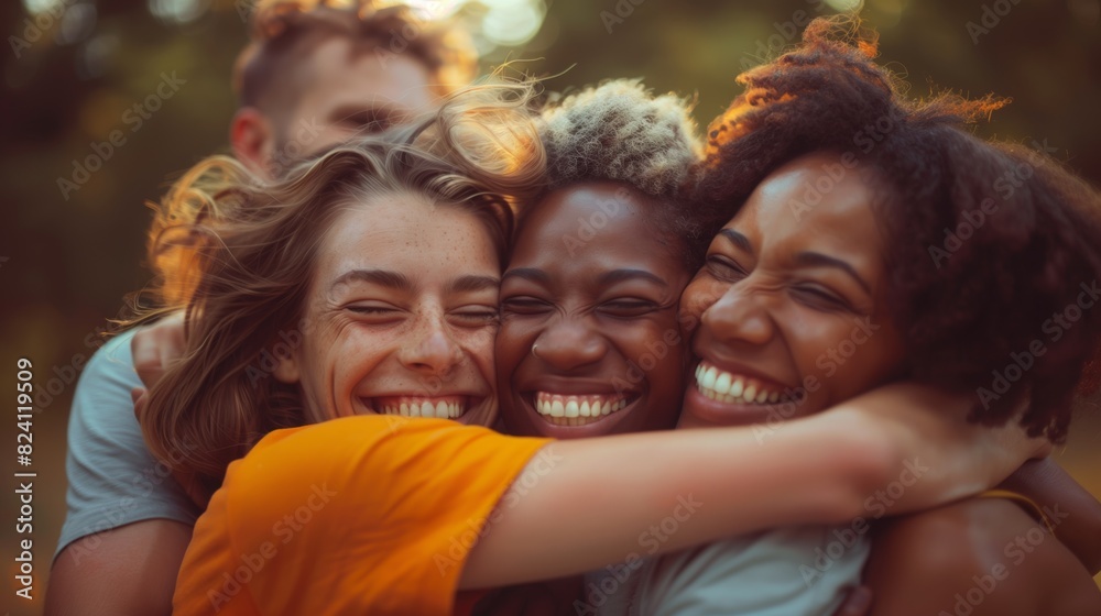 A group of friends embrace tightly, smiling together in happiness A group of friends embrace tightly, smiling together in happiness