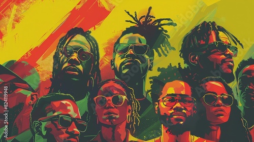 A stylized portrait of a reggae band, featuring multiple members in vibrant, bold colors, highlighting their unique style and energy. photo