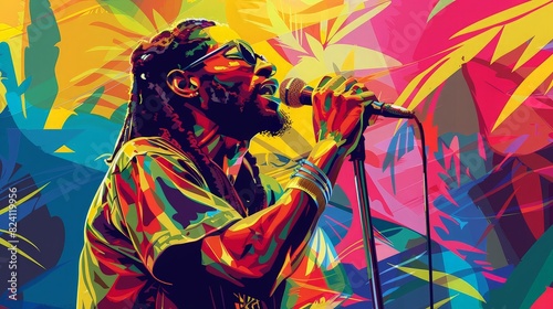 A reggae singer passionately performing on stage with a vibrant  colorful backdrop  highlighting the energy and spirit of the music.