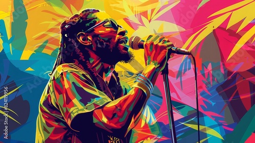 A reggae singer passionately performing on stage with a vibrant, colorful backdrop, highlighting the energy and spirit of the music.