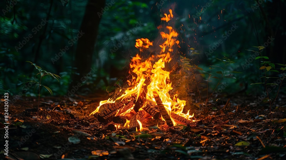 Describe the process of early humans learning to control fire, creating a campfire in a clearing surrounded by dense forest, Close up