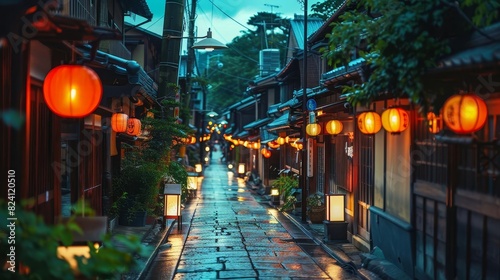 Describe the serene ambiance of a traditional Geisha district, with narrow streets lined with wooden machiya houses and glowing lanterns, Close up