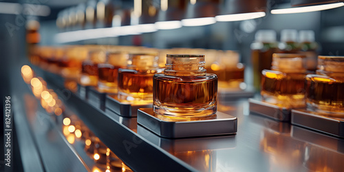 A row of amber perfume bottles on a sleek conveyor belt in a modern factory. The background is blurred. Perfect for fragrance, luxury, and manufacturing themed visuals. photo