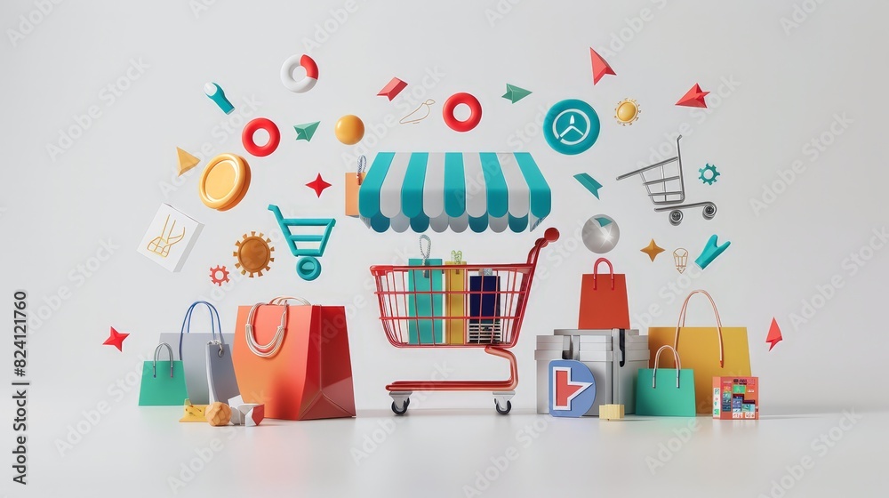 Product Ads, with a 3d carousel of product images featuring elements. Arrows indicating movement to show automatic updates. Product icons and a shopping cart to emphasize retail. white background
