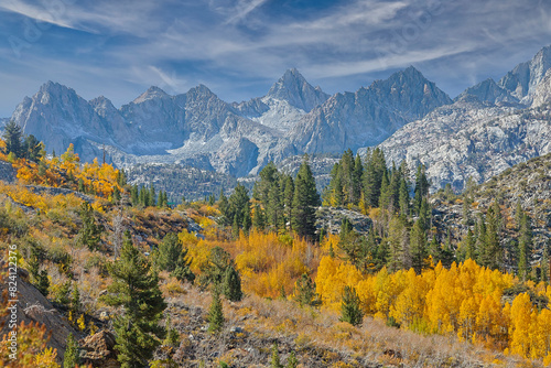 USA, California, Bishop. Bishop Valley with aspens leading up into the Eastern Sierras photo
