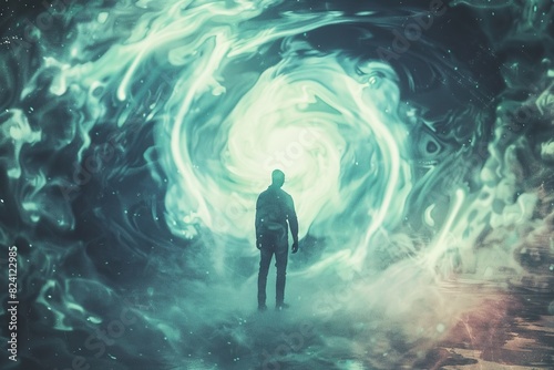 A person stands amid a swirling vortex of energy their physical features becoming blurred and indistinct as they undergo a spiritual metamorphosis and connect with the universe