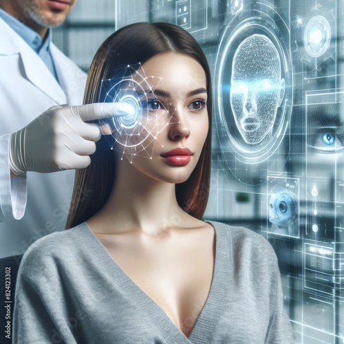 A depiction of a young woman receiving a futuristic cosmetic enhancement, surrounded by advanced digital interfaces and holograms.