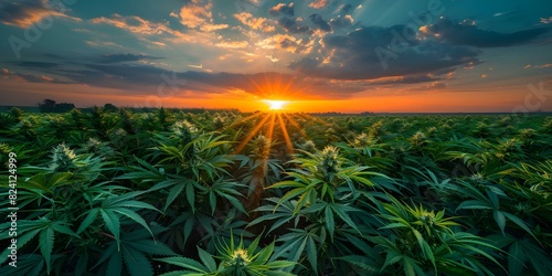 View stunning sunset over large marijuana field bathed in golden sunrays. Concept Sunset Photography, Marijuana Field, Golden Sunrays, Outdoor Beauty, Nature Scenery