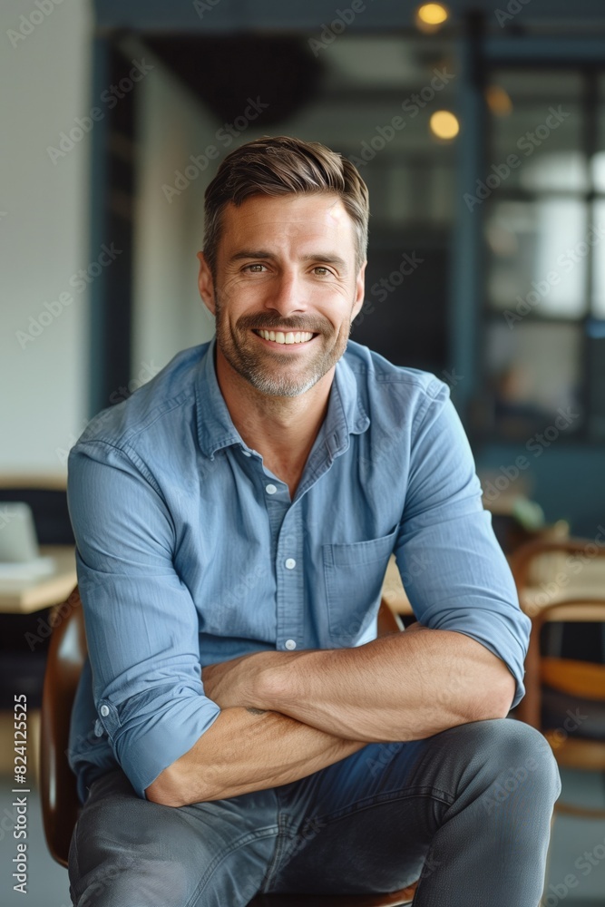 Naklejka premium Portrait of a handsome smiling man relaxing in modern living room