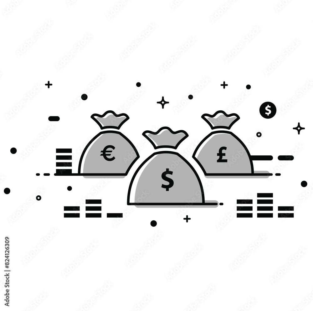 Money bags, dollar coins, and money currency in flat vector illustration Money bags, dollar coins, and money currency in flat vector illustration