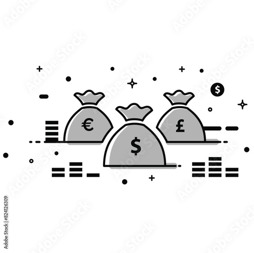 Money bags, dollar coins, and money currency in flat vector illustration