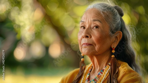 The picture of the american indigenous female standing inside the nature with calm and peaceful, the cultural consultant require skills like the cultural competence and communication skills. AIG43. photo