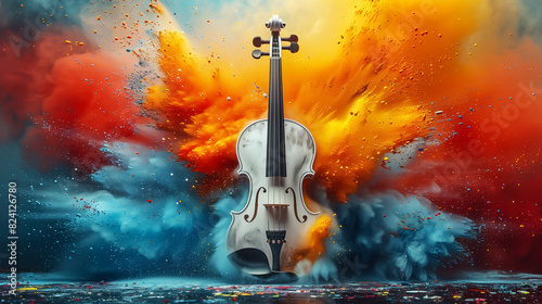 abstract pattern with violin in color powder explosion, music concept. Wall Art Poster Print Design for Home Decor, 4K Wallpaper and Background for Computer, Smartphone, Cellphone, Mobile Cell Phone