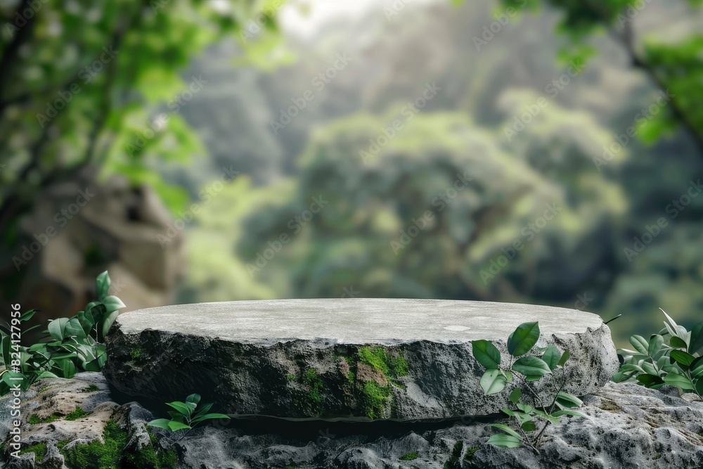Stone podium on rock platform 3d illustration, grey rock pedestal for a product display stand, green forest and blurred on the background, natural scenery landscape - generative ai Stone podium on rock platform 3d illustration, grey rock pedestal for a product display stand, green forest and blurred on the background, natural scenery landscape - generative ai
