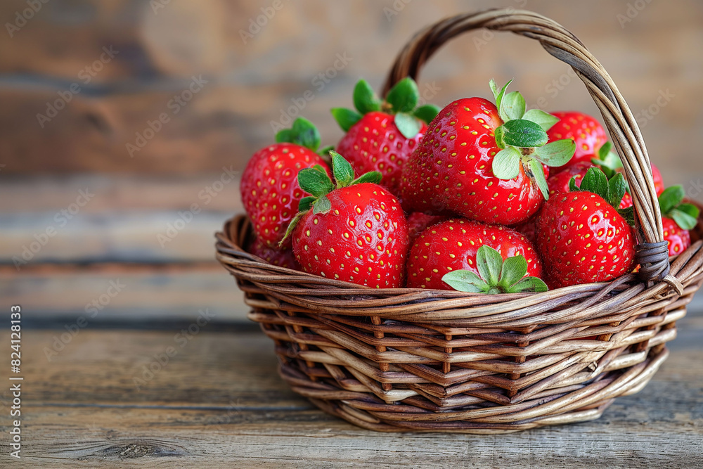 A isolated wicker wooden basket full with bright red strawberries, themes of healthy and nutritious snacks for summer day. Copy spice at the left A isolated wicker wooden basket full with bright red strawberries, themes of healthy and nutritious snacks for summer day. Copy spice at the left