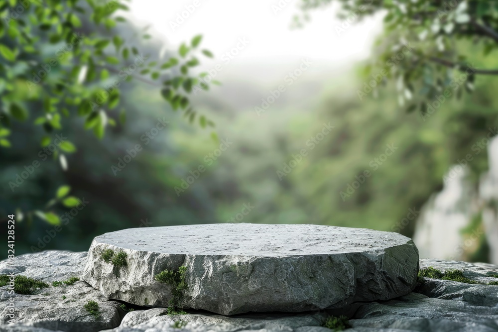 Stone podium on rock platform 3d illustration, grey rock pedestal for a product display stand, green forest and blurred on the background, natural scenery landscape - generative ai Stone podium on rock platform 3d illustration, grey rock pedestal for a product display stand, green forest and blurred on the background, natural scenery landscape - generative ai