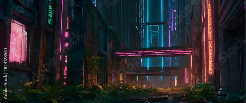 Abandoned urban street with futuristic neon signs
