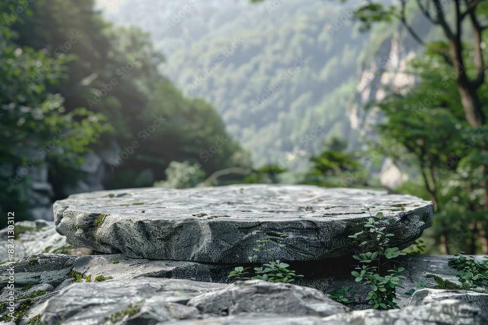 Stone podium on rock platform 3d illustration, grey rock pedestal for a product display stand, green forest and blurred on the background, natural scenery landscape - generative ai