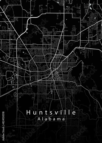 Minimalist black map of Huntsville, Alabama – A modern map print highlighting infrastructure of the city, useful for tourism purposes
 photo