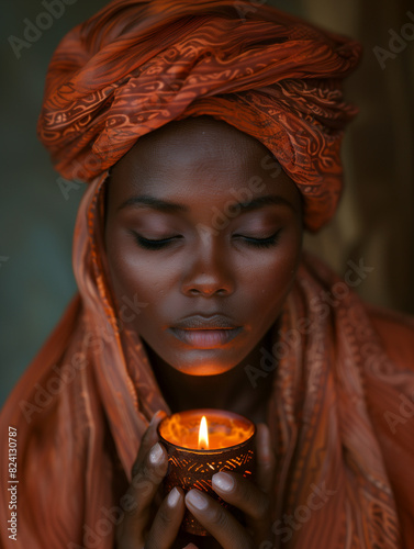 Studio photo with bright background of a young woman from North Africa praying or meditating. Woman is holding a candle with candle light reflected on her face. photo