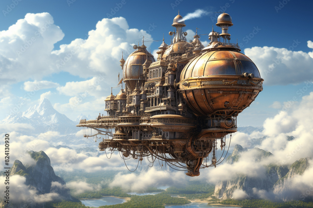 Steampunk Airship Floating Above Cloudy Landscape