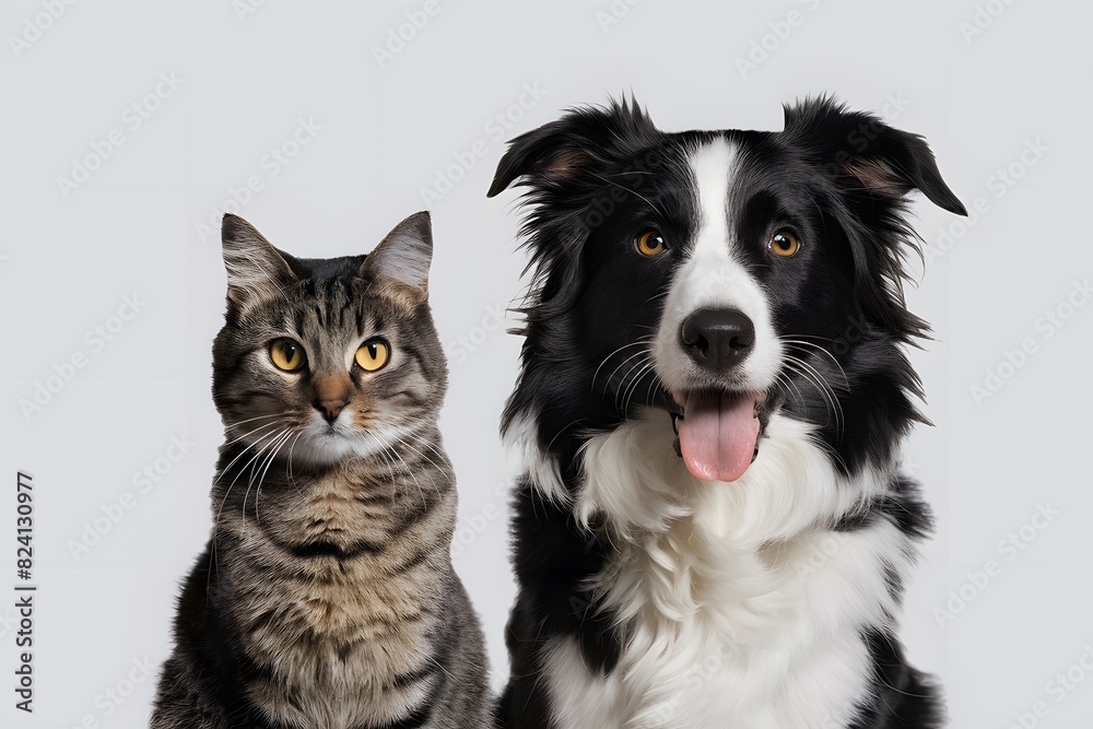 A tabby cat and Border Collie sitting together, both looking adorable