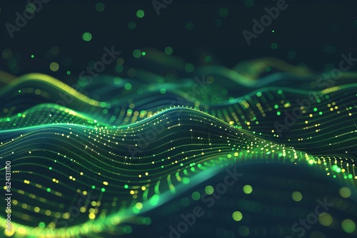 futuristic abstract green wavy lines with illuminated particle dots on dark blue digital illustration